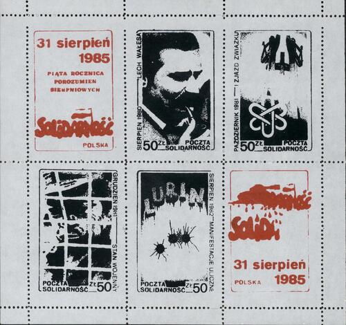 Seria znaczków upamiętniająca piatą rocznicę porozumień sierpniowych, wydana w 1985 r. (ze zbiorów AIPN)