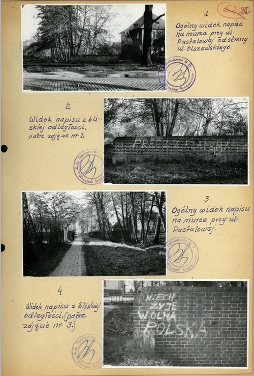 Notatka służbowa z dn. 21 XI 1966 r. dot. wykrycia antysocjalistycznych napisów na murze przy ul. Pastelowej we Wrocławiu z załączonymi zdjęciami, IPN Wr