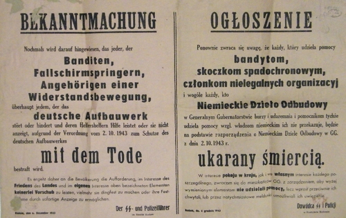 Obwieszczenie władz niemieckich informujące o karach za udzielanie pomocy partyzantom i skoczkom spadochronowym (cichociemnym), Radom, 6 XII 1943 r. (ze zbiorów AP w Kielcach)