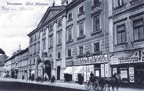 Cerkiew Zaśnięcia Najświętszej Marii Panny przy ul. Miodowej 16 (z dobudowanym żelaznym portykiem); dziś cerkiew greckokatolicka