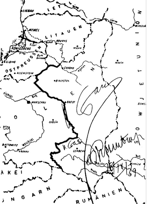 Mapa podziału Polski pomiędzy III Rzeszę a ZSRS z 28 września 1939 r. z wytyczoną granicą. Źródło: Wikimedia Commons
