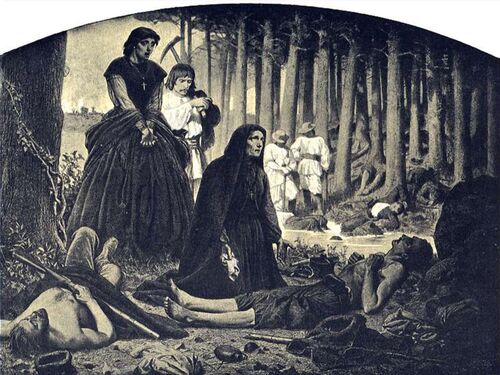 Artur Grottger, „Na pobojowisku” (cykl Polonia), 1863 rok. Na zdjęciu jest obraz okolicy leśnego strumyka, nad którym, na ziemi, leżą osoby, raczej sami mężczyźni, zapewne polegli lub ranni w bitwie z Rosjanami Powstańcy Styczniowi; obok, też na ziemi, leżą elementy uzbrojenia i rynsztunku wojskowego. Nad poległymi/rannymi stoją: jedna, młodsza kobieta, ubrana w czerń, oraz trzech mężczyzn ubranych w jasne stroje typu chłopskiego. Nad jednym z leżących mężczyzn klęczy druga kobieta, starsza od tamtej, ale także w czerni.