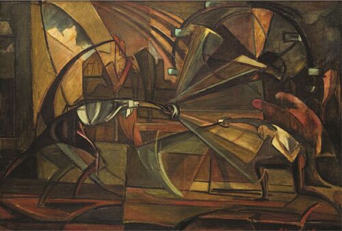 Leon Chwistek, „Szermierk”, 1919 rok. Na zdjęciu jest obraz awangardowy (elementy kubizmu, futuryzmu) ukazujący artystyczną, modernistyczną wizję malarza oddającego widok walczących w pomieszczeniu szermierzy.