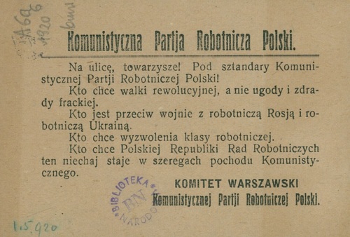 Ulotka Komunistycznej Partii Robotniczej Polski, 1920. Fot. Biblioteka Narodowa