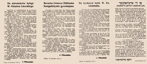 Odezwa Józefa Piłsudskiego do mieszkańców byłego Wielkiego Księstwa Litewskiego w językach polskim i litewskim. 22 kwietnia 1919 r. Fot. NAC
