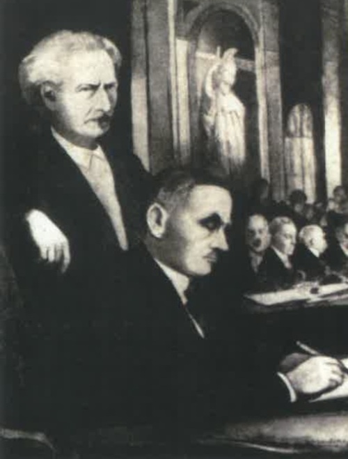 Moment złożenia podpisu przez Romana Dmowskiego pod traktatem wersalskim ("Przewodnik Katolicki" 1929, nr 28) Fot. ze zbiorów Wojciecha J. Muszyńskiego