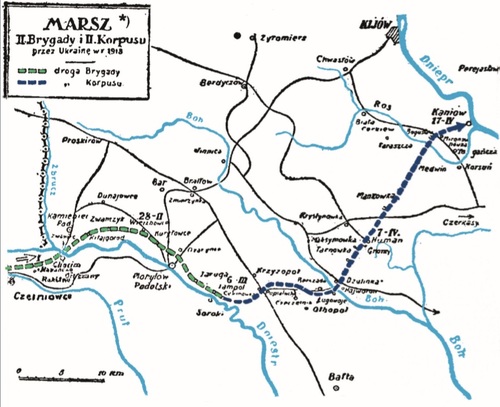 Trasa marszu II Brygady II Korpusu w 1918 r. Źródło: H.Bagiński, <i>Wojsko Polskie na Wschodzie 1914-1920</i>, Warszawa 1921