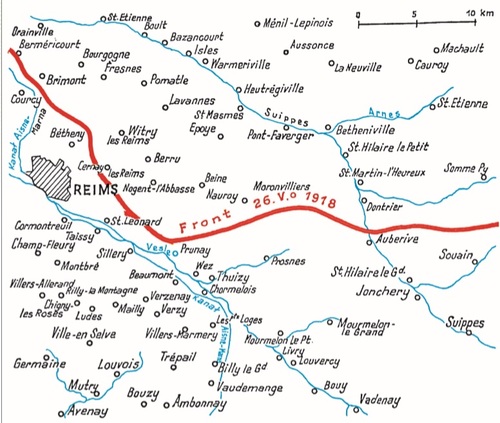 Odcinek frontu zachodniego (maj-czerwiec 1918) - walk 1. Dywizji Strzelców Polskich Źródło: <i>Księga chwały piechoty</i>, red. E. Quirini, Warszawa 1937–1939.