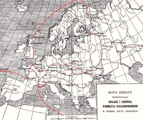 Szlaki i centra formacji hallerowskich w okresie wojny światowej. Źródło: <i>Polska Armia Błękitna. Wydawnictwo historiograﬁczne</i>, Poznań 1929.
