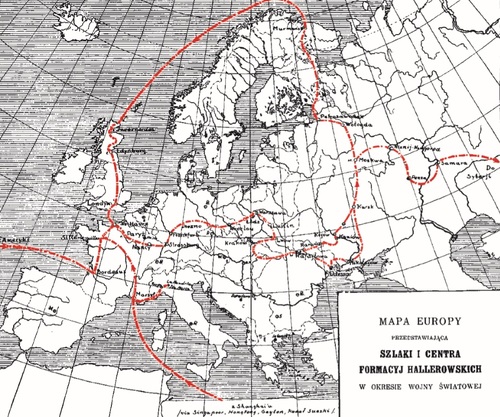 Szlaki i centra formacji hallerowskich w okresie wojny światowej. Źródło: <i>Polska Armia Błękitna. Wydawnictwo historiograﬁczne</i>, Poznań 1929.