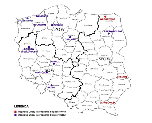 Struktura podziału obszaru Polski na Okręgi Wojskowe – lokalizacja Wojskowych Obozów Internowania