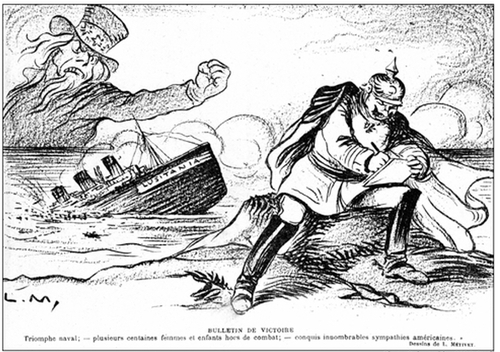 Karykatura francuska powstała po zatopieniu parowca „Luzytania” przedstawiająca gniew Ameryki sięgający przez Atlantyk