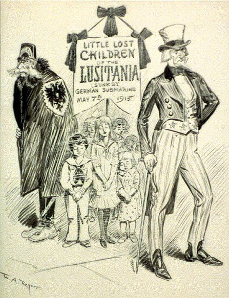 Karykatura amerykańska powstała po zatopieniu parowca „Luzytania” nawiązująca do głosów zwolenników przystąpienia USA do wojny, którzy oskarżali prezydenta Wilsona o nieczułość na tragiczny los ofiar storpedowania statku