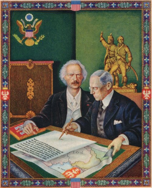 Pocztówka z 1939 r. zawierająca rysunek Artura Szuka ukazujący wpływ Ignacego Jana Paderewskiego na decyzję prezydenta Wilsona o podniesieniu w orędziu z 8 I 1917 r. postulatu odrodzenia Polski (ze zbiorów Instytutu Józefa Piłsudskiego w Nowym Jorku).