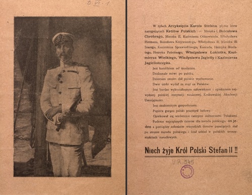 Ulotka z listopada 1916 r. przedstawiająca arcyksięcia Karola Stefana Habsburga jako polskiego króla. Fot. Śląska Biblioteka Cyfrowa