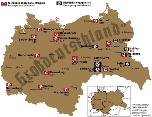 Najważniejsze niemieckie obozy koncentracyjne i niemieckie obozy śmierci w granicach tzw. Wielkich Niemiec w latach 1941-1944. Grafika z portalu IPN truthaboutcamps.eu