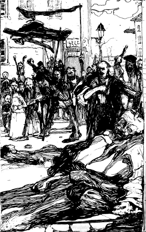 Grafika Witolda Wojtkiewicza "Manifestacja uliczna"