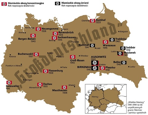 Najwazniejsze niemieckie obozy koncentracyjne i niemieckie obozy śmierci w granicach tzw. Wielkich Niemiec w latach 1941-1944. Grafika z portalu IPN truthaboutcamps.eu