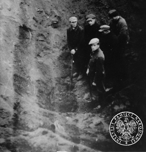 Członkowie komisji ekshumacyjnej w północno-wschodniej części obozu, 7 listopada 1945 r. Fot. AIPN