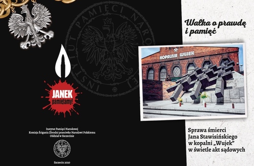 Okładka borszury poświęconej sądowym aspektom zabójstwa Jana Stawisińskiego autorstwa Danuty Szewczyk, wydanej przez szczeciński oddział IPN (dostępnej do pobrania w zakładce "Biblioteka cyfrowa")