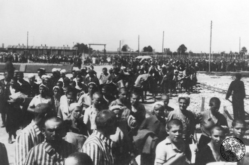Wejście nowoprzybyłych więźniów do obozu, maj 1944 r. Fot. AIPN