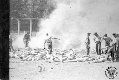 Palenie zwłok ofiar zagazowanych w Birkenau, sierpień 1944 r. Fot. AIPN