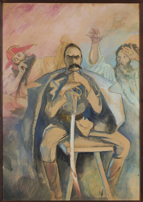 Kazimierz Sichulski "Portret Józefa Piłsudskiego z Wernyhorą i Stańczykiem", 1917. Ze zbiorów Muzeum Narodowego w Warszawie