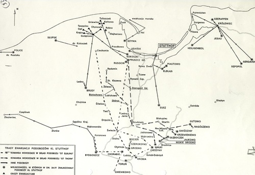 Mapka z oznaczonymi trasami ewakuacji podobozów, obozu Stutthof