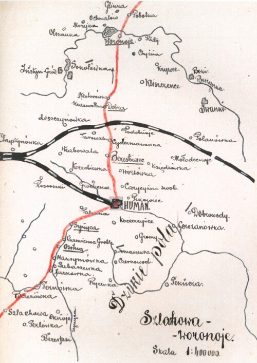 Trasa przemarszu II Korpusu w rejonie Humania, przełom marca i kwietnia 1918 r. Ze zbiorów WBH (zdjęcie z albumu "Białe Legiony przeciwko bolszewikom...")