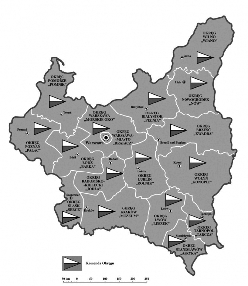 Mapa Drugiej Rzeczypospolitej z podziałem struktur terytorialnych Związku Walki Zbrojnej - Armii Krajowej.