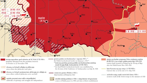 Fragment mapy „Kształtowanie granic Polski w latach 1918-1923” z wystawy IPN „Ojcowie Niepodległości”. Rys. Kamila Łucjan