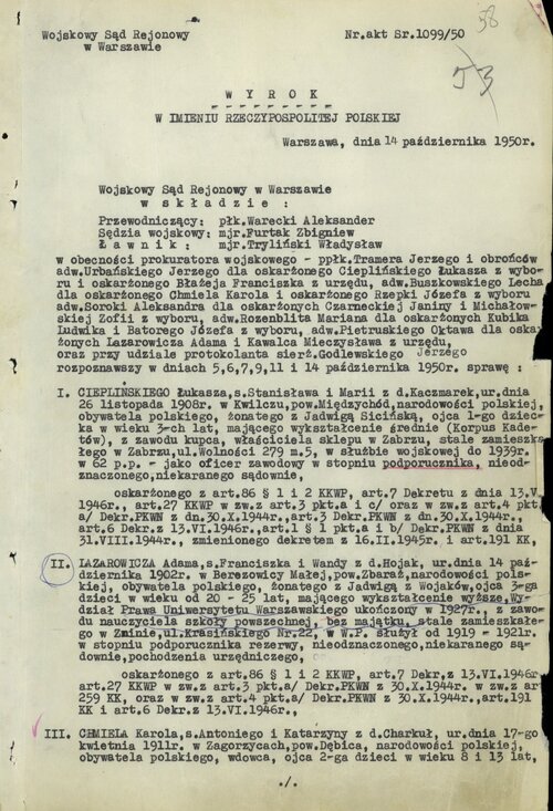 Z wyroku "sądu" komunistycznego, który skazał IV Zarząd Główny WiN na śmierć. Nazwiska morderców w togach... Z zasobu IPN