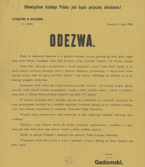 Odezwa Starostwa w Rzeszowie z 8 lipca 1920 r. Ze zbiorów cyfrowych Biblioteki Narodowej (serwis "polona.pl")