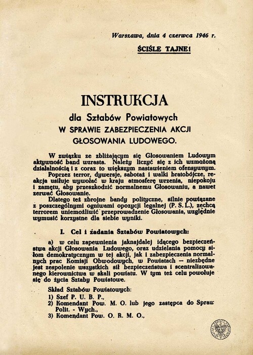Instrukcja dla komunistycznych Sztabów Powiatowych w sprawie zabezpieczania (czytaj: fałszowania) referendum 4 czerwca 1946 r. Fot. IPN