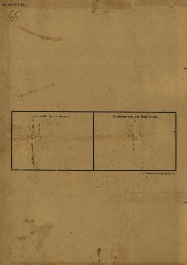 Ramki na stempel obozowej cenzury (<i>Raum für Zensorstempel</i>) oraz znak kontrolny nadzorcy bloku (<i>Kontrollzeichen den Blokcführer</i>). Z zasobu IPN