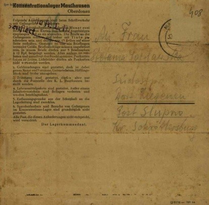 List z KL Mauthausen. W prawym dolnym rogu symbol Q 176 76344. Z zasobu IPN