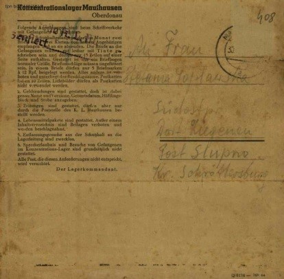 List z KL Mauthausen. W prawym dolnym rogu symbol Q 176 76344. Z zasobu IPN