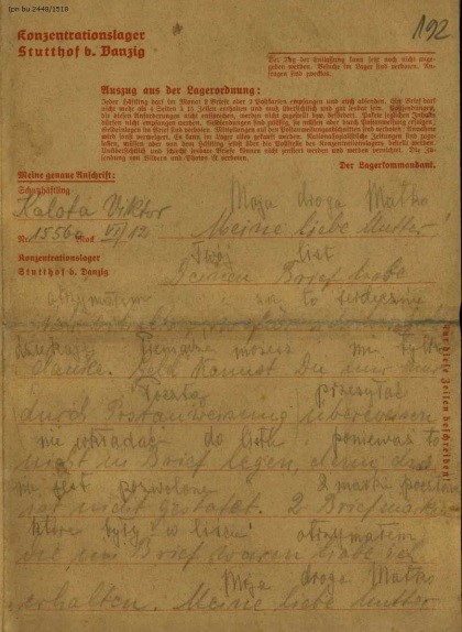 List z KL Stutthof, na prawym marginesie pouczenie. Z zasobu IPN