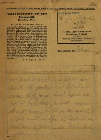 List z KL Ravensbrück z pouczeniem „Nieprzejrzyste i źle czytelne listy nie mogą być cenzurowane i będą niszczone". Z zasobu IPN