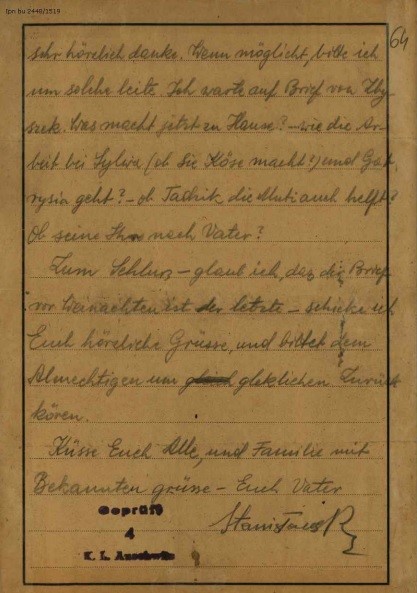 Pieczęć cenzora umieszczona pod tekstem listu Feliksa Stanisławskiego. Z zasobu IPN