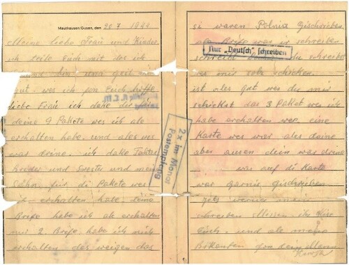 List z KL Mauthausen-Gusen z pieczątkami informującymi o przesyłaniu 2 listów w ciągu miesiąca oraz pisaniu korespondencji w języku niemieckim. Z zasobu IPN