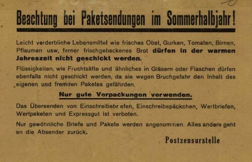 Pouczenie informujące adresata o zakazie przesyłki łatwo psujących się środków żywności w okresie letnim. Z zasobu IPN