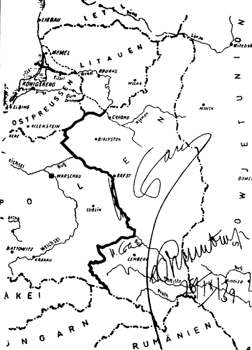 Mapa przedstawiająca ustalenia poczynione 28 VIII 1939 r. pomiędzy przedstawicielami Niemiec i Związku Sowieckiego (na mapie podpisy Józefa Stalina i Joachima von Ribbentropa)