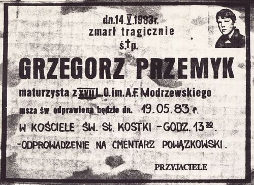 Nekrolog zawiadamiający o śmierci i terminie pogrzebu Grzegorza Przemyka