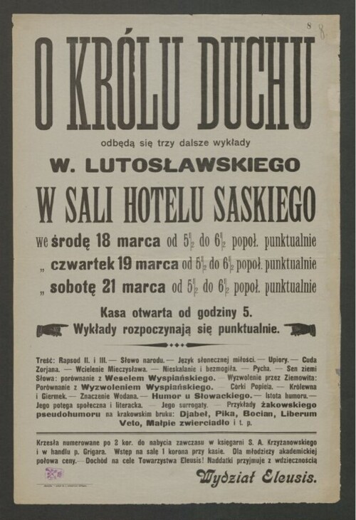 Afisz z zaproszeniem na wykłady literackie Wincentego Lutosławskiego. Kraków, ca 1920. Ze zbiorów cyfrowych Biblioteki Narodowej (serwis "polona.pl")