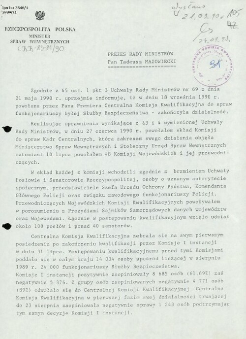 Sprawozdanie K. Kozłowskiego, przewodniczącego Centralnej Komisji Kwalifikacyjnej, dla premiera T. Mazowieckiego. Z zasobu IPN (BU 3546/1, s. 1 dokumentu)