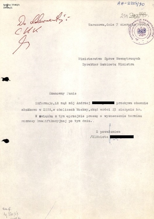 <i>...mąż... przebywa obecnie służbowo w ZSRR, w okolicach Moskwy... proszę o wyznaczenie terminu rozmowy kwalifikacyjnej po...</i> Z zasobu IPN (BU 3546/1)
