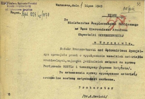 Jeden ze śladów aktowych dużej determinacji przedstawicieli Moskwy na Polskę w przygotowywaniu w 1945 r. procesu przeciwko Niemcom. Za Katyń. Z zasobu IPN (IPN Kr 303/3)