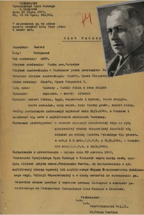Z zasobu IPN (IPN Kr 303/3): za wiedzę o Katyniu - sowiecki (choć polskojęzyczny) list gończy za Ferdynandem Goetlem...