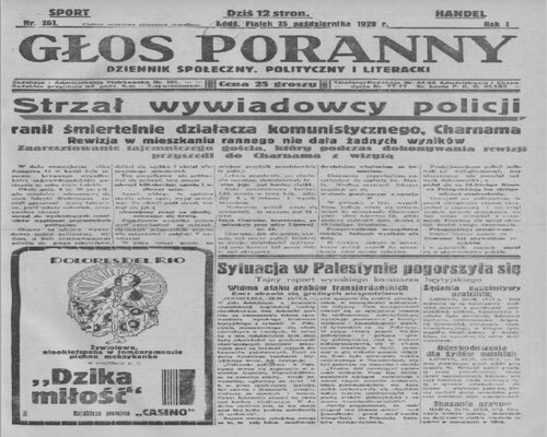 Głos Poranny z 25 października 1929 r. donoszący na pierwszej stronie o śmierci Szymona Harnama